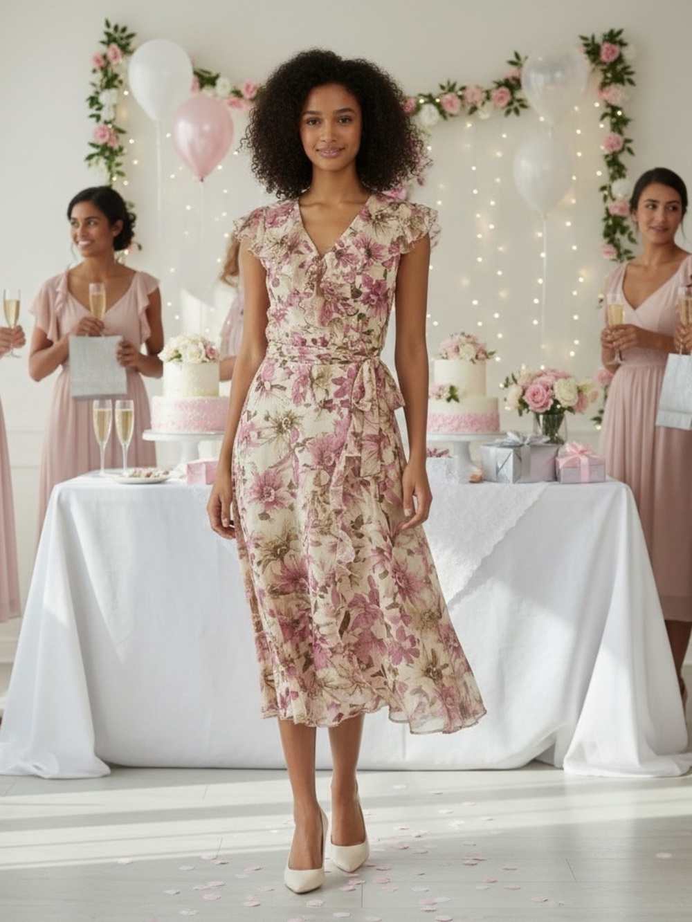 karin stevens Pink and Cream Floral Chiffon Lined Wrap Midi Dress
